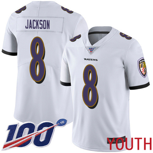 Baltimore Ravens Limited White Youth Lamar Jackson Road Jersey NFL Football 8 100th Season Vapor Untouchable